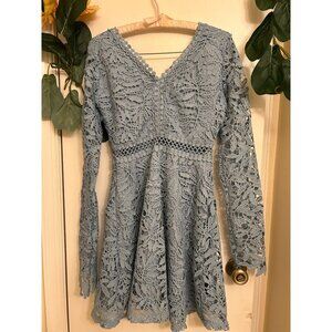 NWT Boohoo Women's Lace Crochet Long Sleeve Flare Dress Blue Sz 4